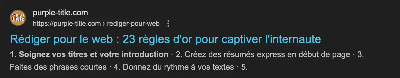 Capture d'écran du title de cet article, qui cible la requête Rédiger pour le web.