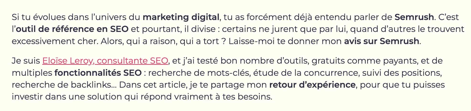 Exemple d'introduction d'article de blog où l'auteur se présente, pour donner de la crédibilité à ses propos, une bonne pratique en rédaction web.