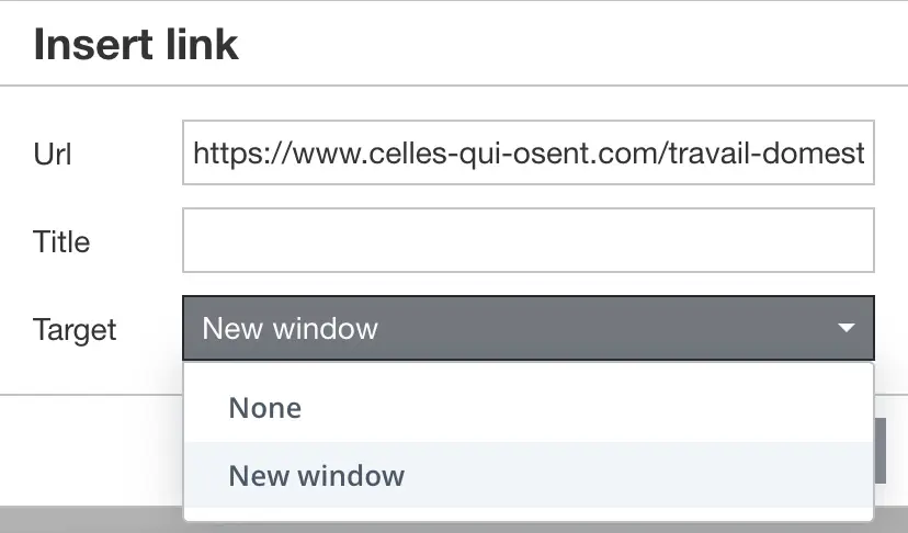 Capture d'écran de la fonctionnalité permettant d'ouvrir un lien dans un nouvel onglet depuis WordPress, une bonne pratique en rédaction web.