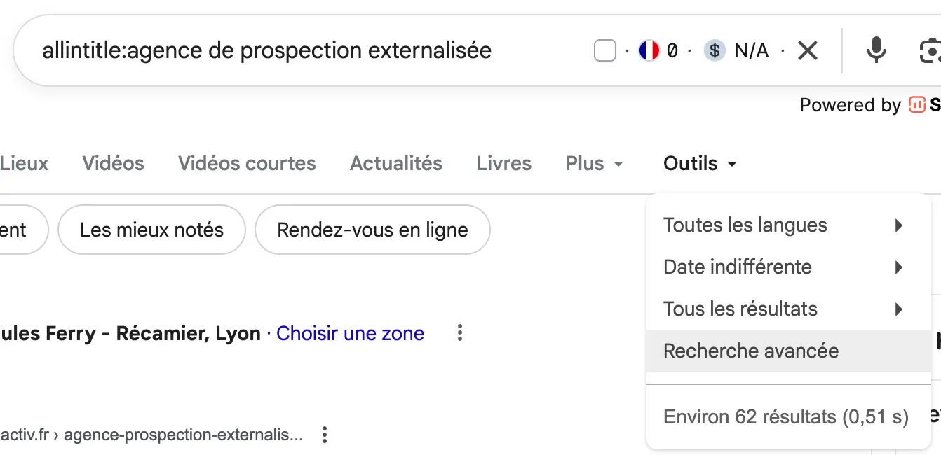 La commande Allintitle montre que 62 sites se positionnent déjà sur la requête "agence de prospection externalisée".