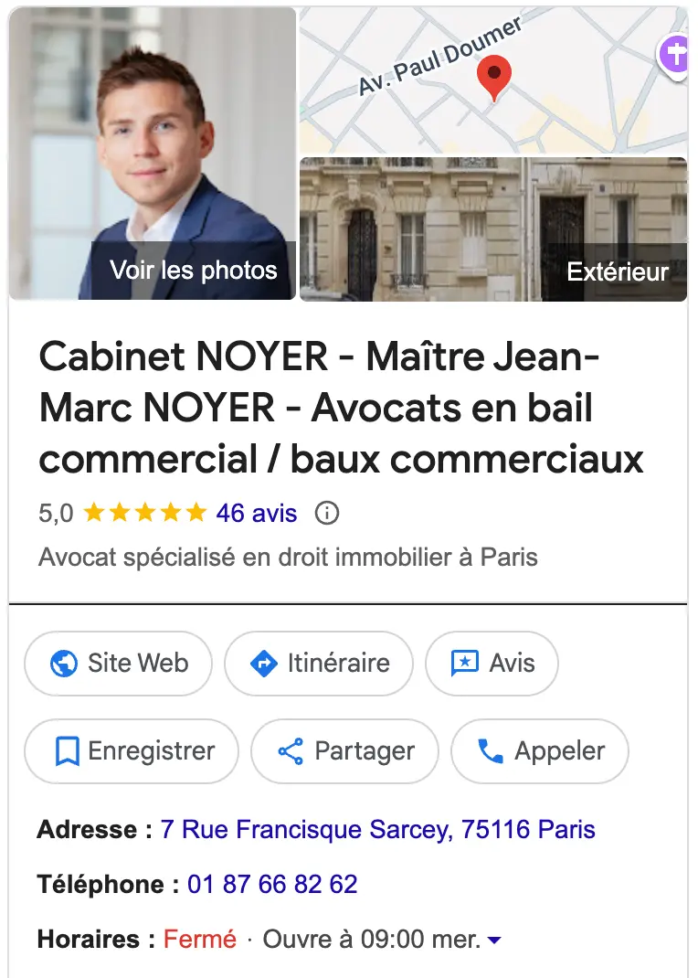 La fiche établissement Google du Cabinet Noyer.