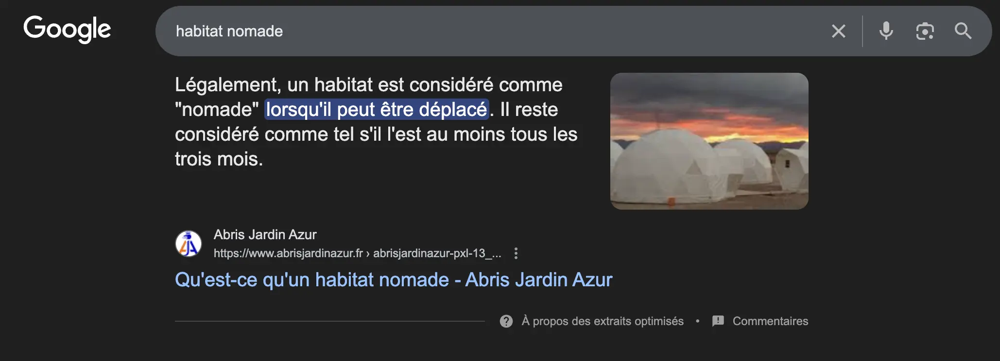 La requête "habitat nomade" est recherchée sur Google, et des articles de blog ressortent parmi les premiers résultats.
