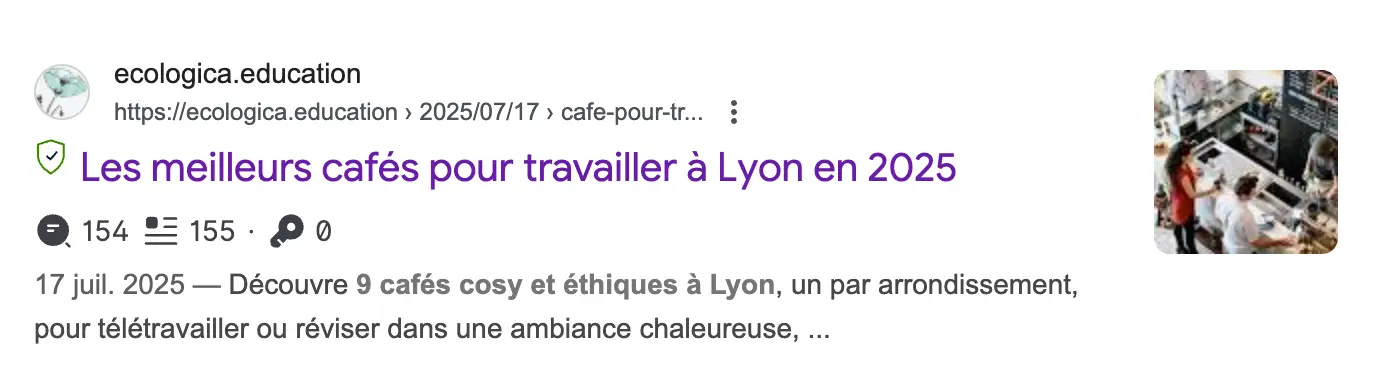 Exemple de title et méta-description pour un article positionné sur la requête "café pour travailler à Lyon".