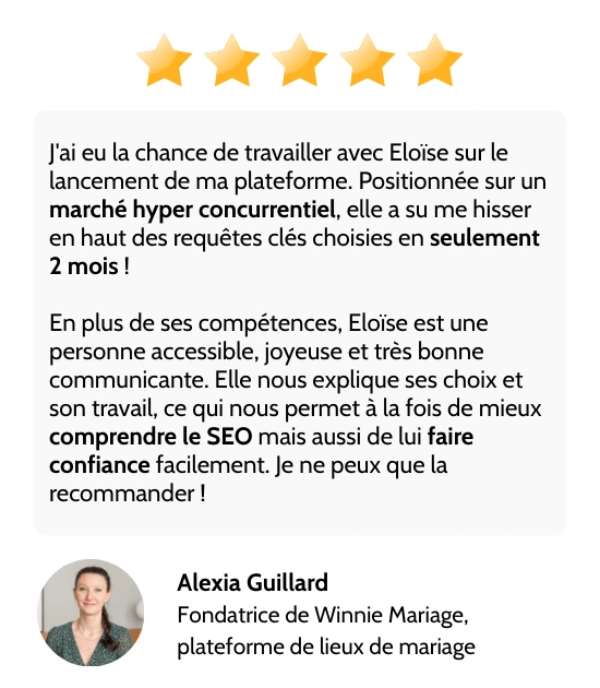 Capture d'écran de la recommandation laissée par Julien Pean sur le profil LinkedIn d'Eloïse Leroy : "J'ai eu le plaisir de collaborer avec Eloïse dans le cadre de l'optimisation et de la restructuration complète de notre site web, tant qu niveau SEO que backlinks. Son expertise, sa rigueur et sa vision stratégique ont permis d'améliorer considérablement notre visibilité en ligne et d'asseoir notre positionnement sur des mots-clés essentiels pour notre activité. (...) Grâce à son accompagnement, nous avons constaté une nette progression de notre trafic organique."