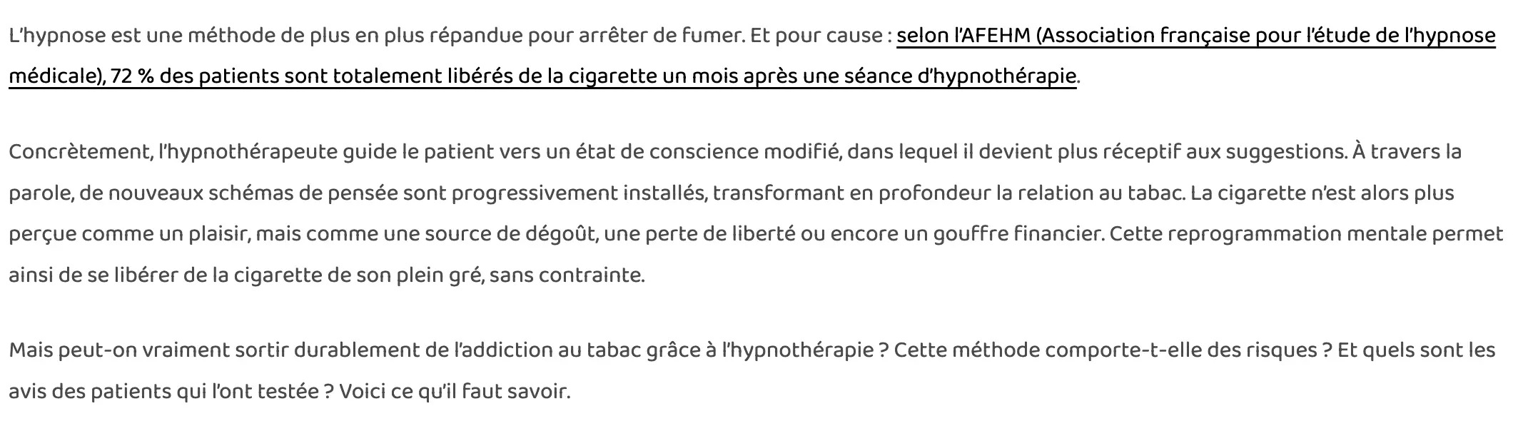 Exemple d'introduction SEO pour un article de type avis optimisé sur la requête cible "hypnose et cigarette".