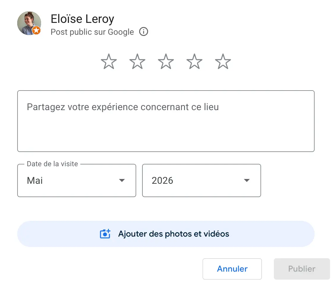 La fenêtre permettant de laisser une note, allant de 1 à 5 étoiles, un commentaire, et d'ajouter des photos.