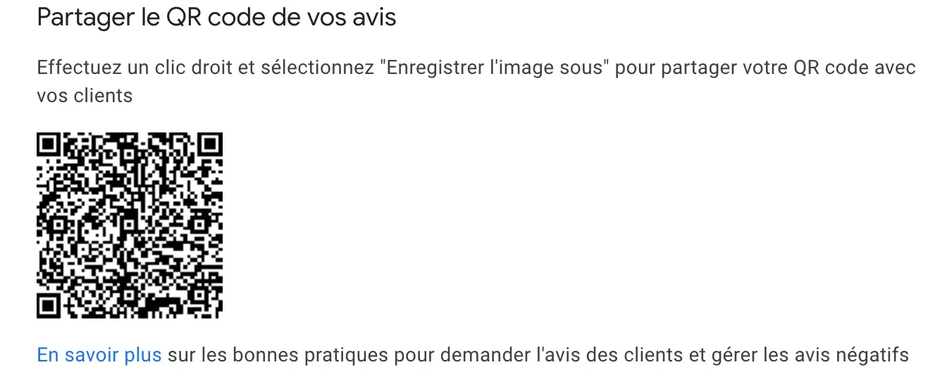 Le QR code pour laisser un avis Google est téléchargeable depuis le panneau de configuration de la fiche GMB, après avoir cliqué sur "Demander des avis".
