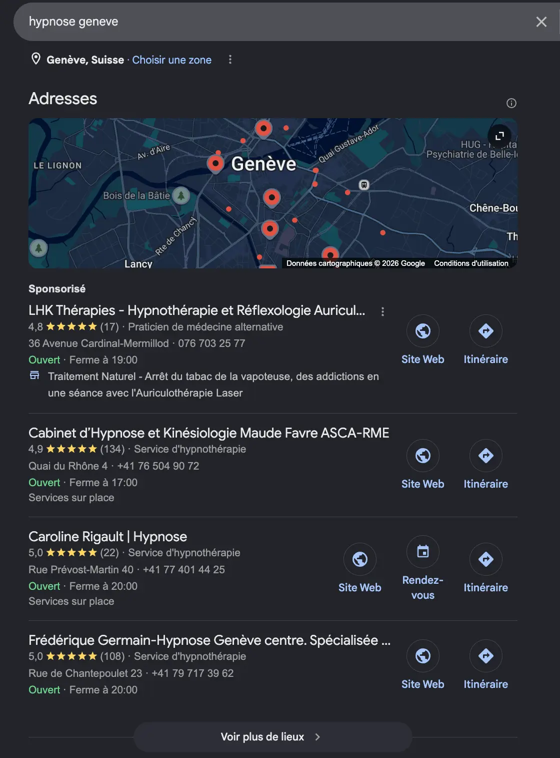 Top 3 des fiches établissements mises en avant sur Google sur la requête "hypnose Genève"